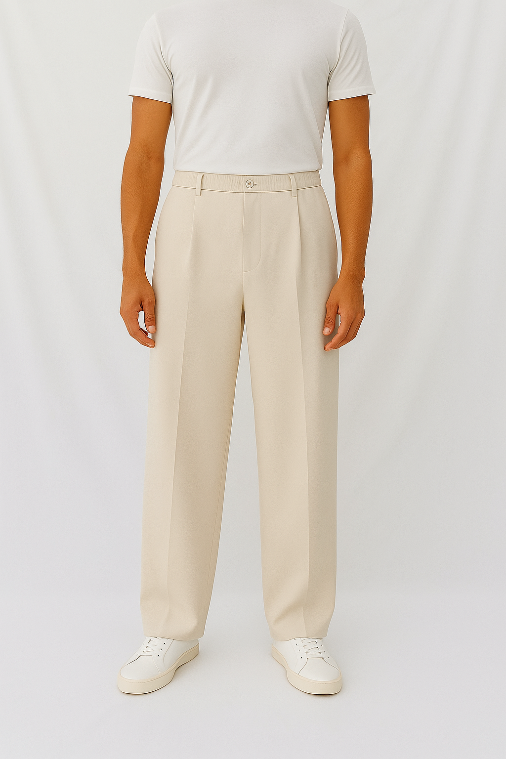 Tailored pant with front pleats and elastic back