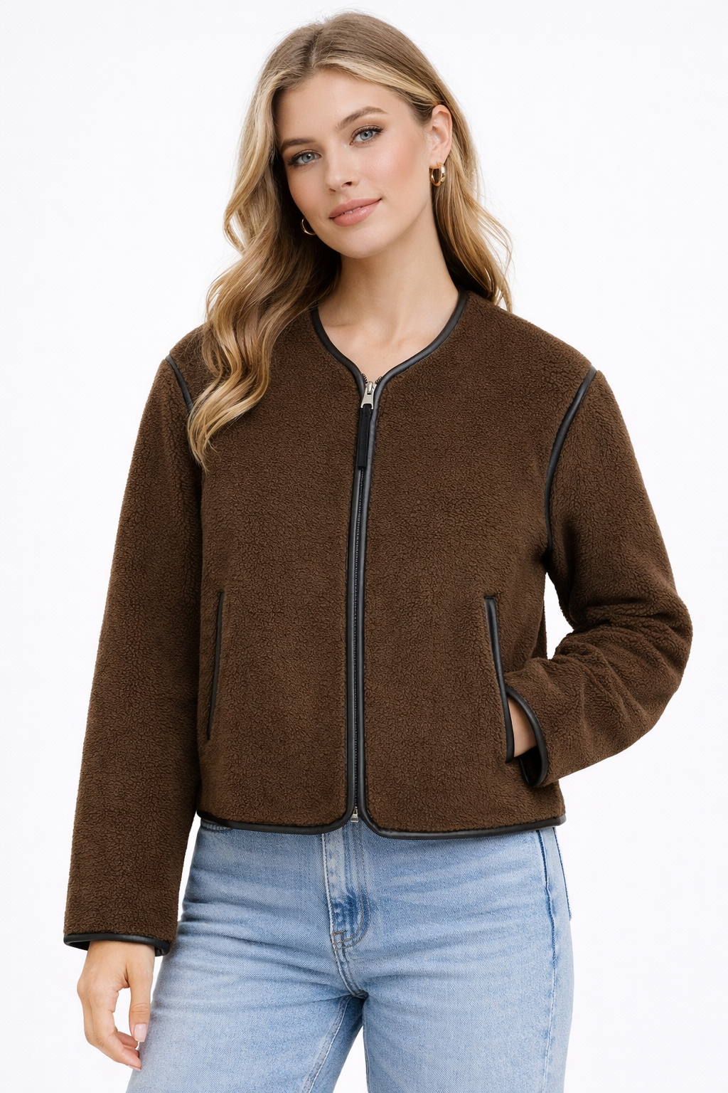 Fur jacket with decorative leather details