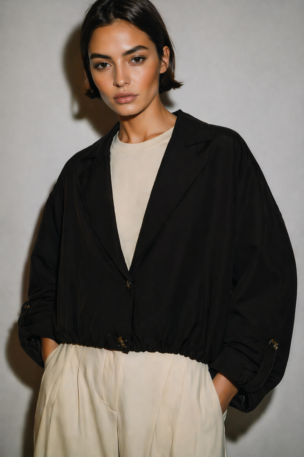 Gabardine jacket with elastic hemline