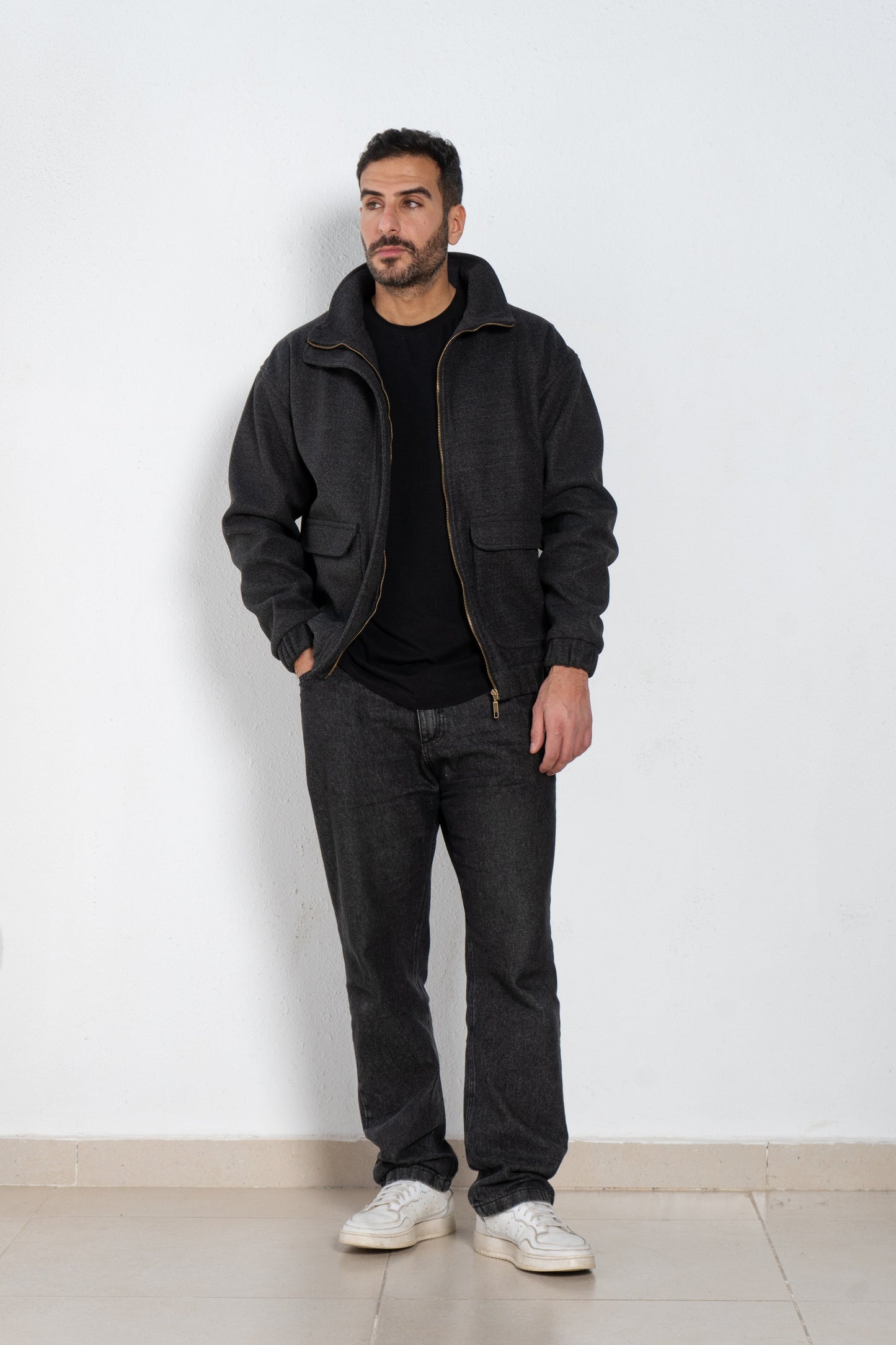Mixed wool bomber jacket with front pockets