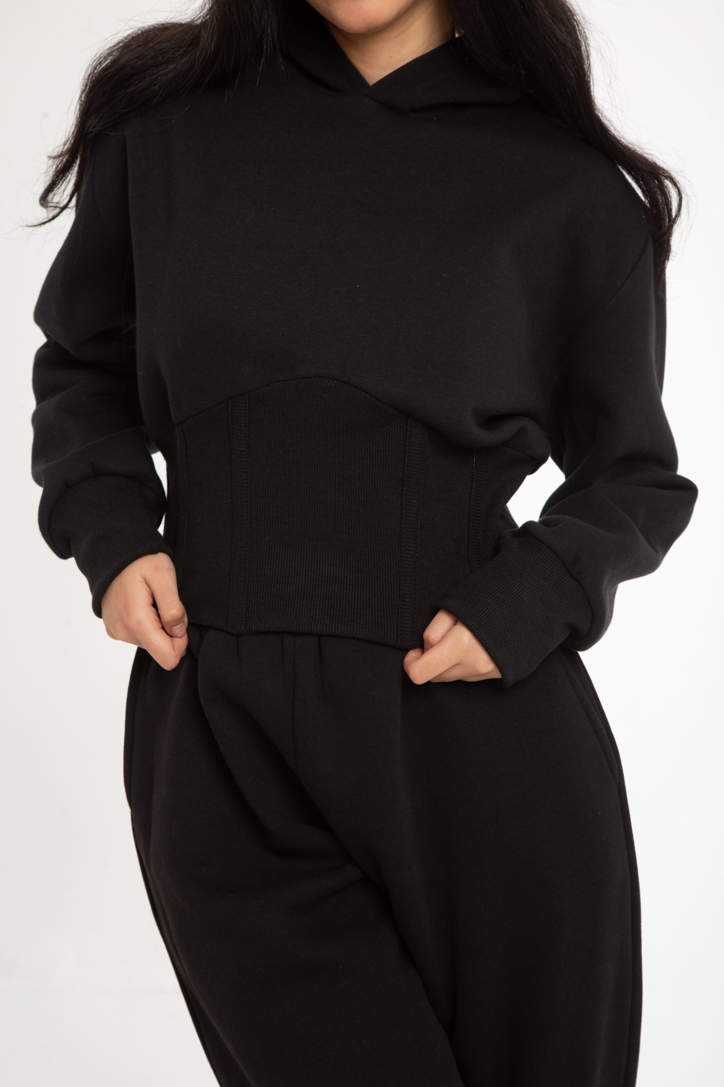 Cropped Melton sweatshirt with corset detail