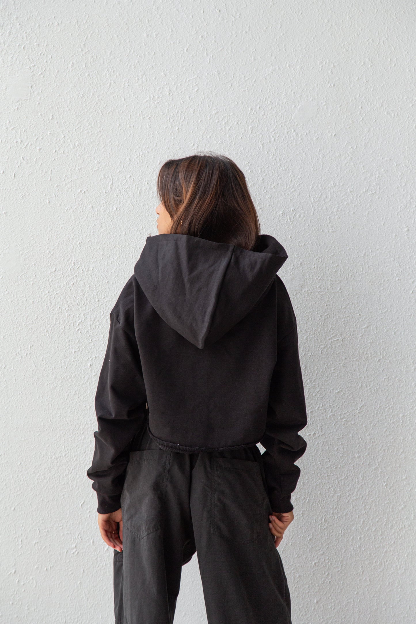 Cotton hoodie with curved front hemline